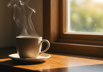 Steaming Coffee by Sunlit Window