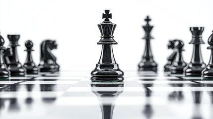 A chessboard reflecting a battlefield, white background