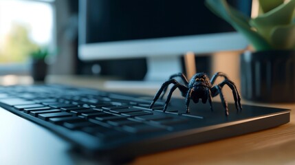 Joke Day A spider sits on a computer keyboard in a bright office environment.