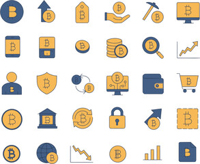 30 set of bitcoins transparent background. vector illustration cryptocurrency bitcoin business and finance style color yellow and blue icons