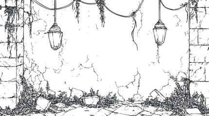 Sketch of an old cracked stone wall with hanging lamps and overgrown vines in ruins