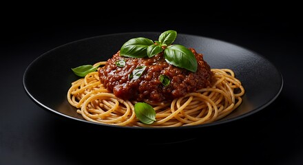 Delicious spaghetti bolognese with fresh basil on a black plate closeup