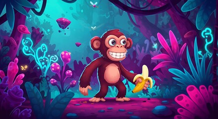 Silly Ape Jungle Trend Video Game Character
A surreal vector illustration and looped game footage of a silly ape character in a neon tropical jungle. Perfect for video game branding, trend-driven 