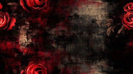 Dark, textured background with vibrant red roses.