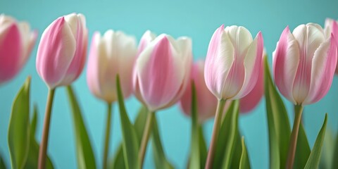 Fototapeta premium Vibrant tulips in a close-up shot with soft focus and a blurry background, suggesting a peaceful garden setting.