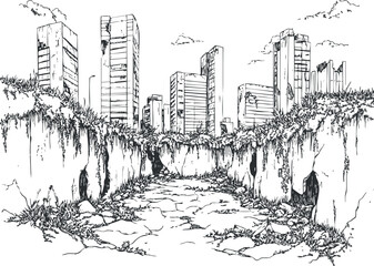 Black and white sketch of a postapocalyptic city with ruined skyscrapers overgrown by nature and cracked ground