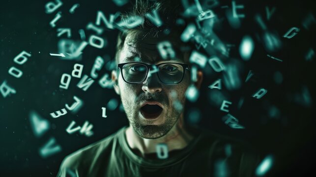 The man amidst floating letters - Powered by Adobe