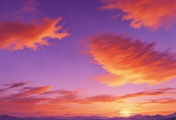 Obraz premium Fiery orange and purple watercolor sunset sky, abstract texture, shadow, scene, orange