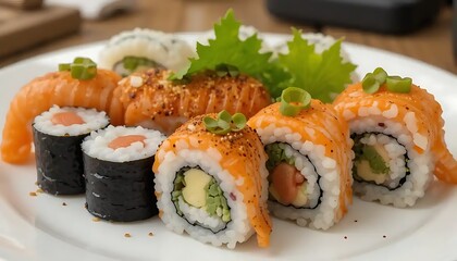 Exquisite sushi assortment presented on a white plate, gastronomic delight