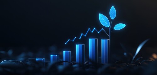 Glowing Blue Growth Graph With Plant