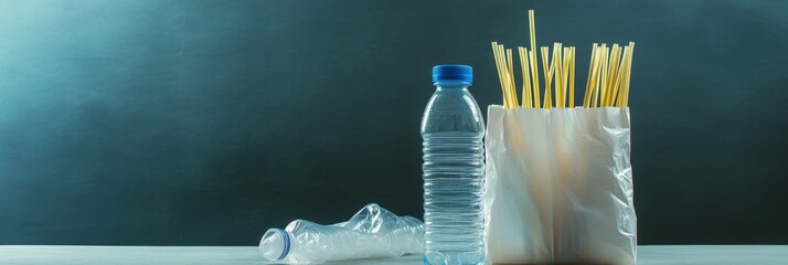 A plastic bottle is placed inside a recycling bin. The bin, filled with bags of used plastic items, is an eco-friendly reminder to conserve resources and protect the environment.