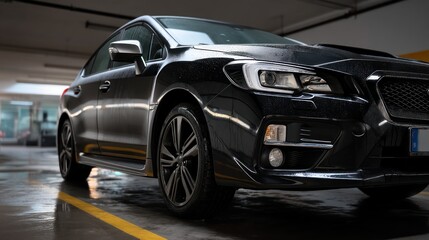 Dark-colored sedan in a parking garage. Wet car's front end, low angle.  Reflective surfaces