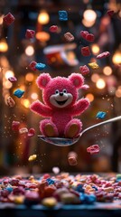 Pink teddy bear on spoon, cereal shower