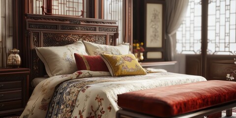 A bed with a red pillow and a yellow pillow. The bed is surrounded by a lot of pillows and a red ottoman