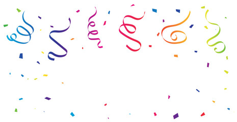 Colorful Confetti and Ribbon on White Background. Congratulations Wallpaper. Celebration Party Banner. Happy Birthday. Vector Illustration