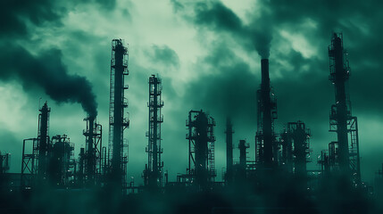 Obraz premium Industrial facility silhouettes dusk pollution