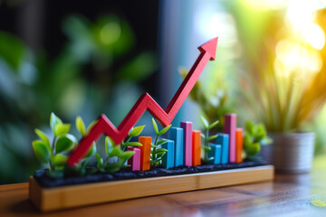 The business graph displayed a steady upward trend, as indicated by the arrow pointing upwards    