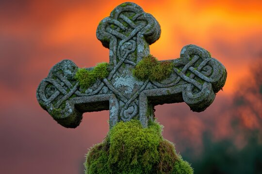 Moss-covered Celtic cross against a sunset sky, symbolizing faith, history, and the intertwining of nature and spirituality.