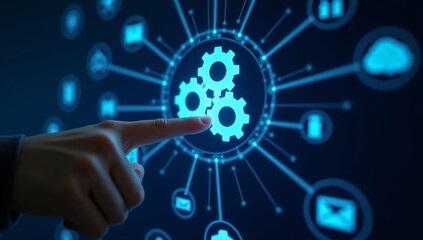 Automation of business or robotic process RPA technology. Transfer of data between application. Businessman touching gears icon on network connection