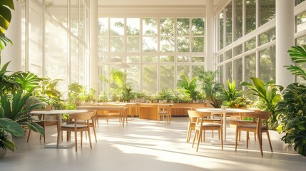 Bright cafe interior with white walls, lush green plants, and warm wooden furniture, surrounded by floor-to-ceiling glass walls
