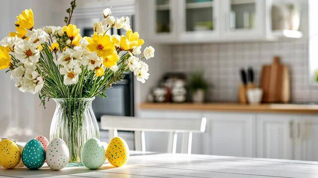 Bright spring flowers and decorated eggs on a sunny kitchen table