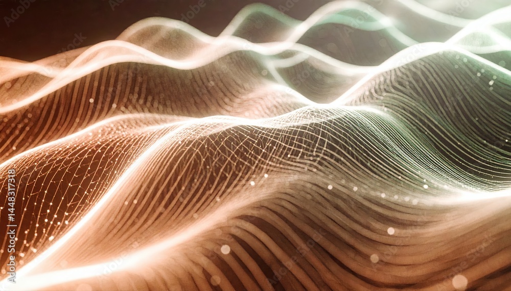 Poster vibrant abstract background with dynamic light waves and fine digital grid patterns in warm and cool