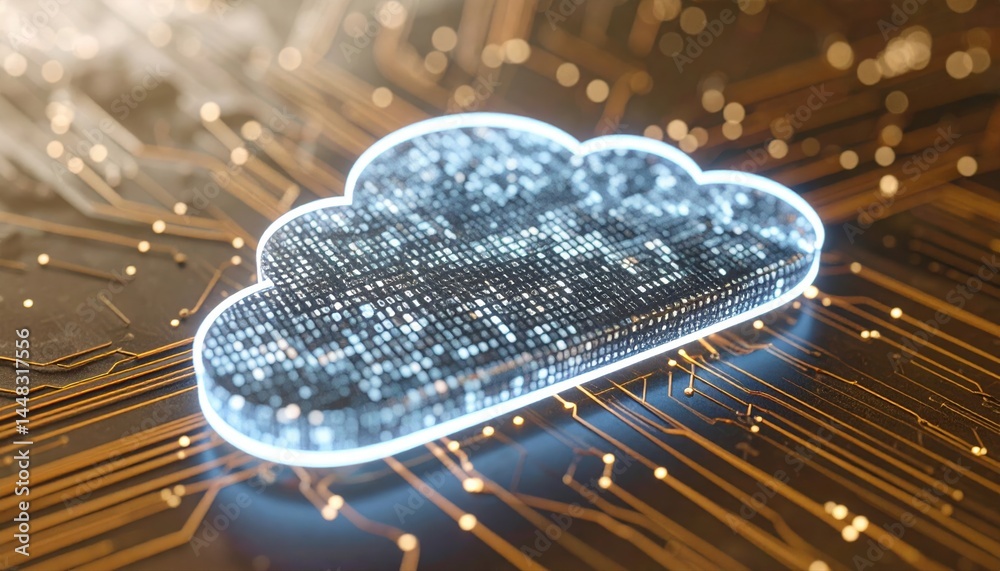 Poster digital cloud computing technology concept with glowing circuit lines and data points representing c