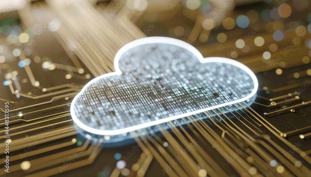 Poster cloud computing technology with digital data network connections streaming through a glowing circuit