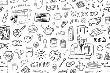 Seamless pattern of wake up theme in doodle style. Good morning, get up, sun, alarm clock, sloth, cup of coffee, breakfast, the girl woke up, breakfast, Viennese waffles, tea, milk, biscuits