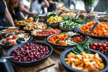 Fototapeta premium vibrant market scene showcasing array of colorful vegan street food snacks.