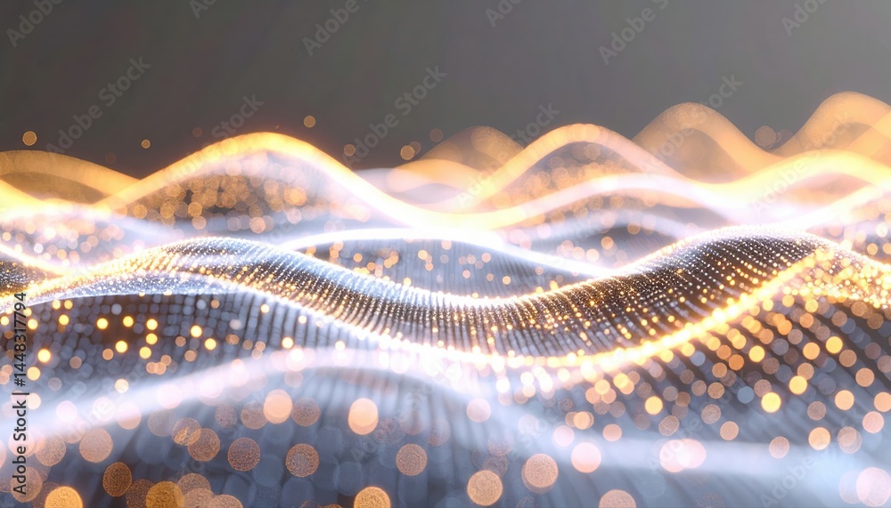Poster abstract digital wave pattern with glowing particles and flowing light lines representing technology