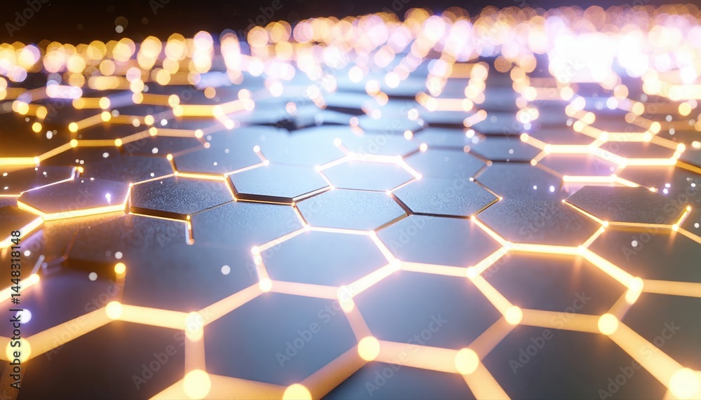 Poster futuristic glowing hexagonal grid pattern with illuminated lines and nodes representing advanced tec