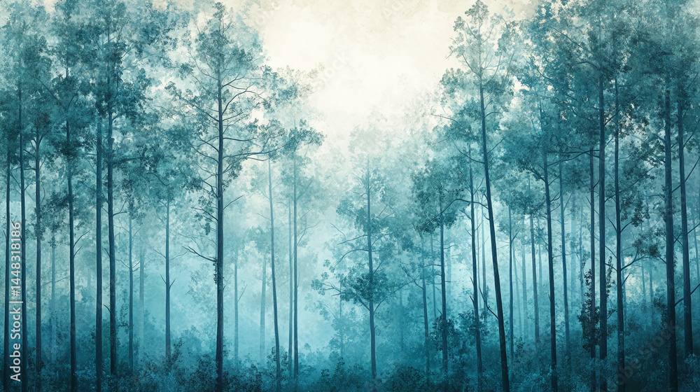 Poster misty teal forest scene, tall slender trees, soft light filtering through, evokes tranquility and se