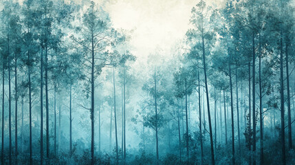 Fototapeta premium Misty teal forest scene, tall slender trees, soft light filtering through, evokes tranquility and serenity, ideal for calming background