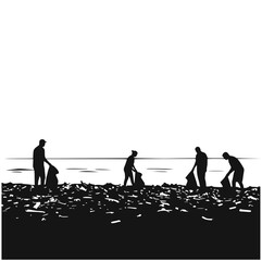 Silhouettes of People Cleaning Litter on the Beach