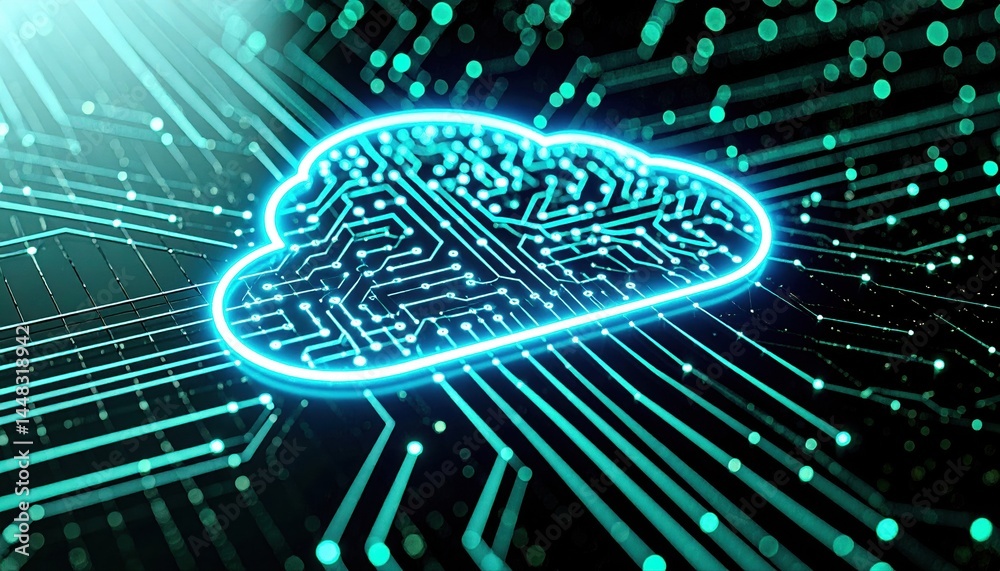 Poster futuristic digital artificial ligence cloud icon with glowing circuitry patterns and dynamic data li
