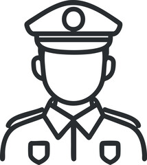 Outline icon of a police officer in uniform with badge and hat representing law enforcement