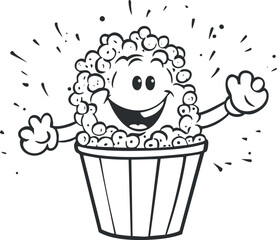 Black and white cartoon illustration of a happy popcorn character in a bucket celebrating with raised hands