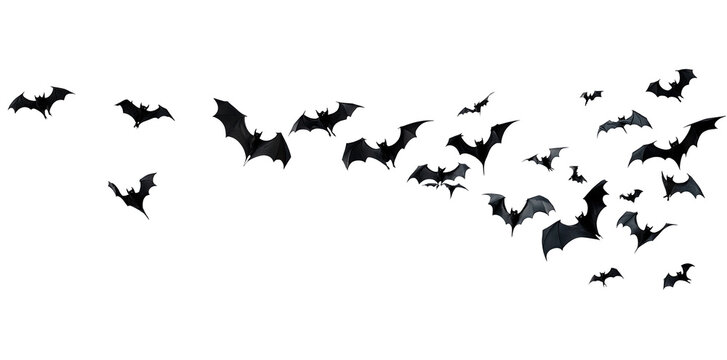 A dynamic swarm of bats flying in unison against a twilight sky. showcasing their intricate wing patterns and silhouettes. ideal for nature and wildlife themes