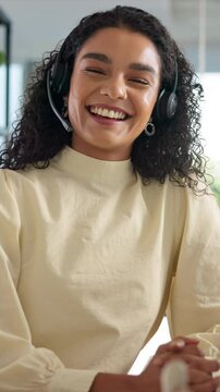Woman, face and laughing with headset in call center for outbound query, product advice and lead generation. Telemarketing, friendly consultant and microphone for online sales and inquiry assistance