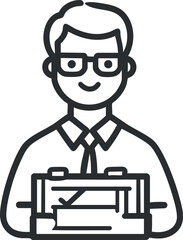 Line art icon of a smiling man wearing glasses, a shirt, and a tie, representing a professional or businessman.