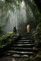 Fototapeta premium Stone stairway in forest leading to glowing portal
