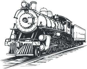 Black and white illustration of a vintage steam locomotive train on railroad tracks, depicting classic transportation technology. © vadymstock