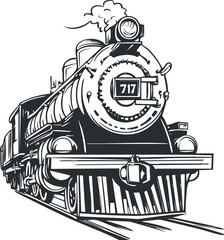 Black and white illustration of a vintage steam locomotive train front with smoke on railroad tracks © vadymstock