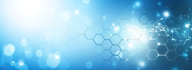 Blue background shows glowing hexagons connected by thin white lines, creating an advanced technology backdrop