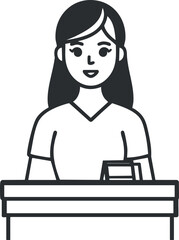 Line art illustration of a smiling female shop assistant or cashier standing behind a store counter
