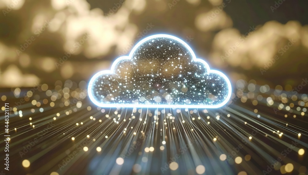 Poster digital cloud symbol glowing with sparkles and light rays representing cloud computing technology, d