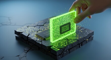 Futuristic data processing concept with glowing circuits and microchips assembling