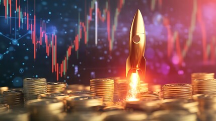Digital illustration of a rocket taking off among shining gold coins with vibrant rising stock graphs
