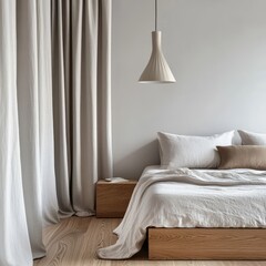 Modern Nightstand. Nordic Scandinavian Design for Minimalistic Bedroom Interior with Elegant Bed and Oak Bedside Table